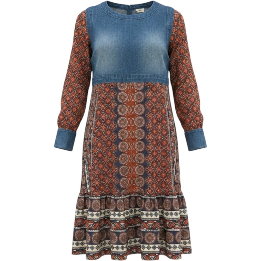 Warm NY Denim Floral Boho Chic Print Long Sleeve Knee Dress Cottage Core